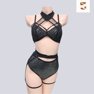 NEW Custom Polewear Pole Bra Costume Dancewear Metallic Mesh Garter Set XS S
